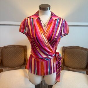 Lafayette 148 New York 100% Silk Striped Colorful Wrap Top Blouse